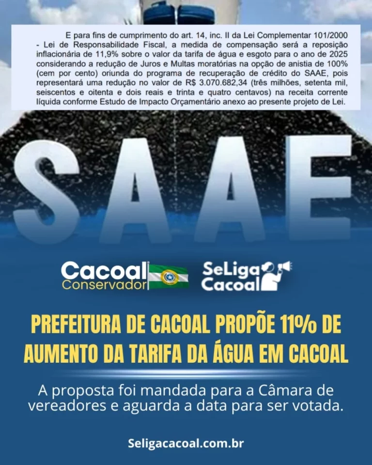 Prefeitura de Cacoal Propõe Aumento de 11,9% na Tarifa de Água
